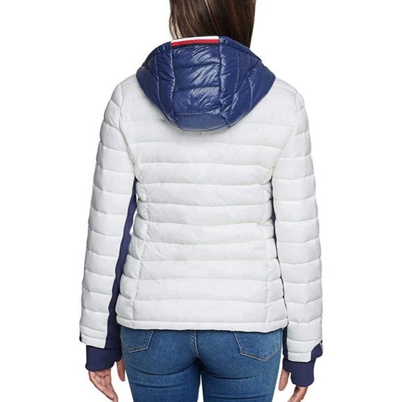 Tommy Hilfiger Womens Packable Hooded Puffer Jacket White Navy Blue Size Large - Picture 10 of 11